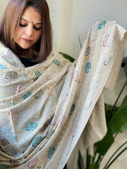 Ivory, Beige Woven Pashmina Kaani Shawl with Thread Embroidery - Masakalee