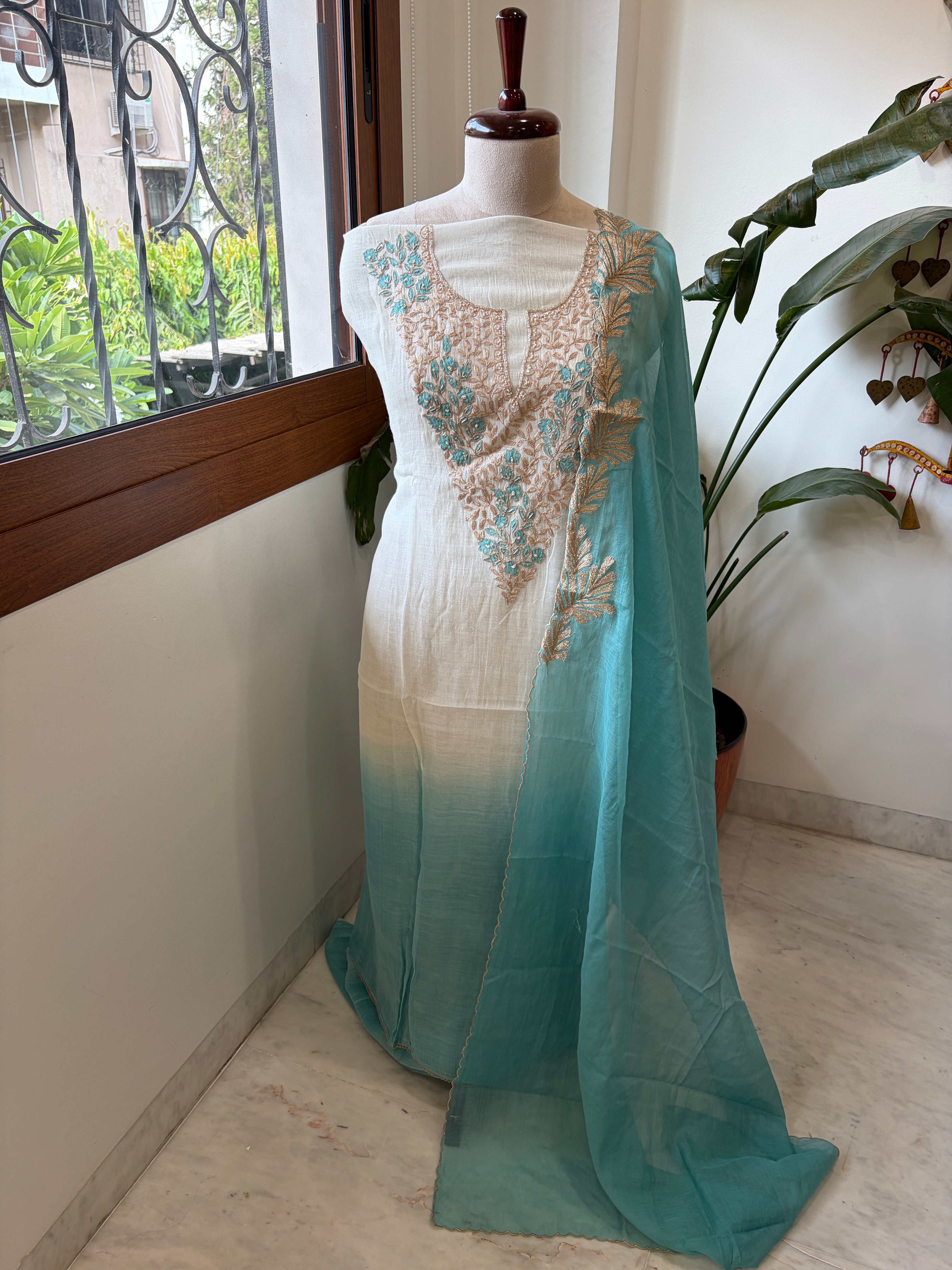 Ivory blue Applique Suit Set in Pure Mul Chanderi With Dabka Handwork - Masakalee