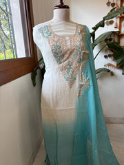 Ivory blue Applique Suit Set in Pure Mul Chanderi With Dabka Handwork - Masakalee