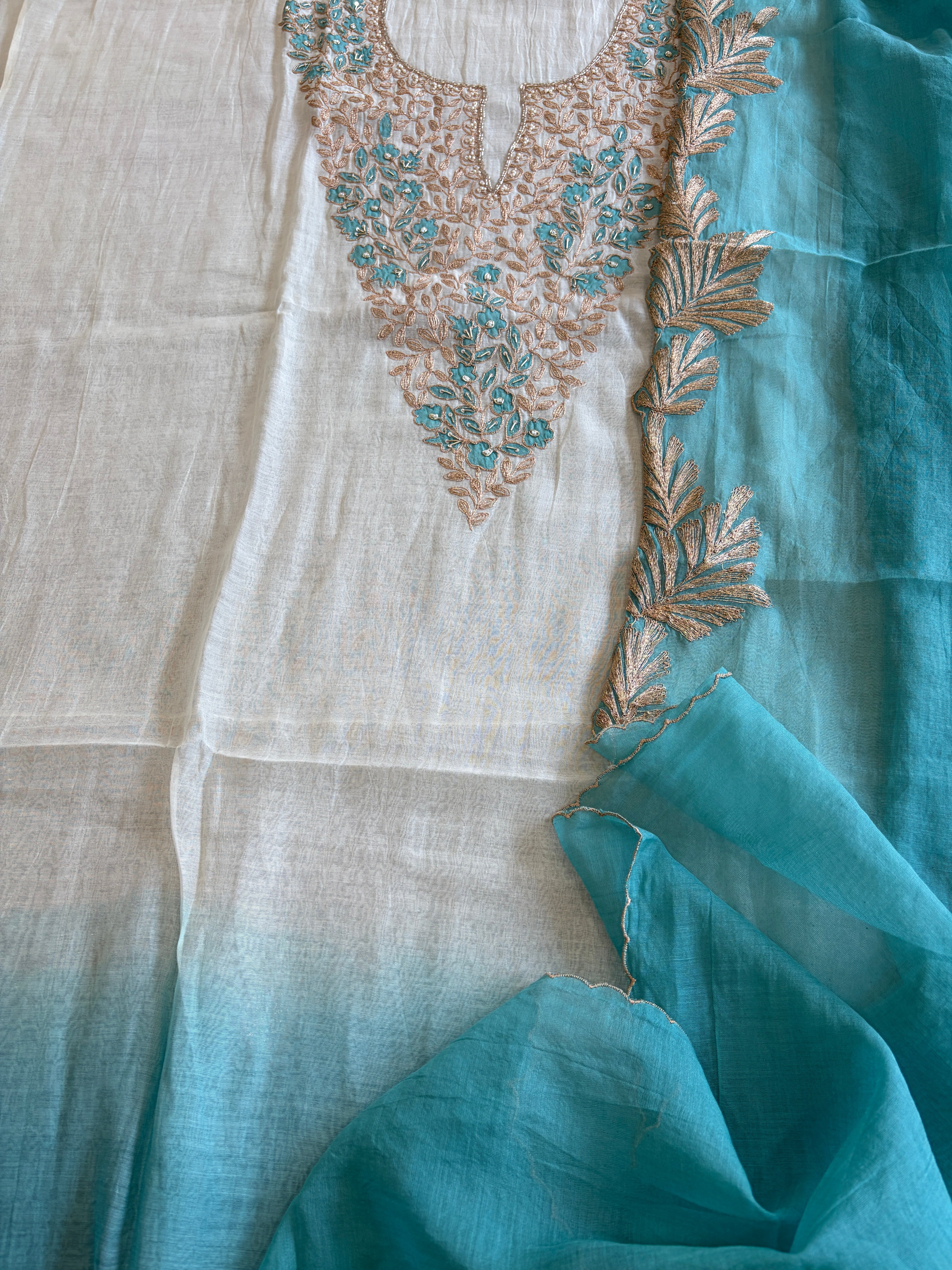 Ivory blue Applique Suit Set in Pure Mul Chanderi With Dabka Handwork - Masakalee
