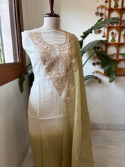 Ivory Green Applique Suit Set in Pure Mul Chanderi With Dabka Handwork - Masakalee