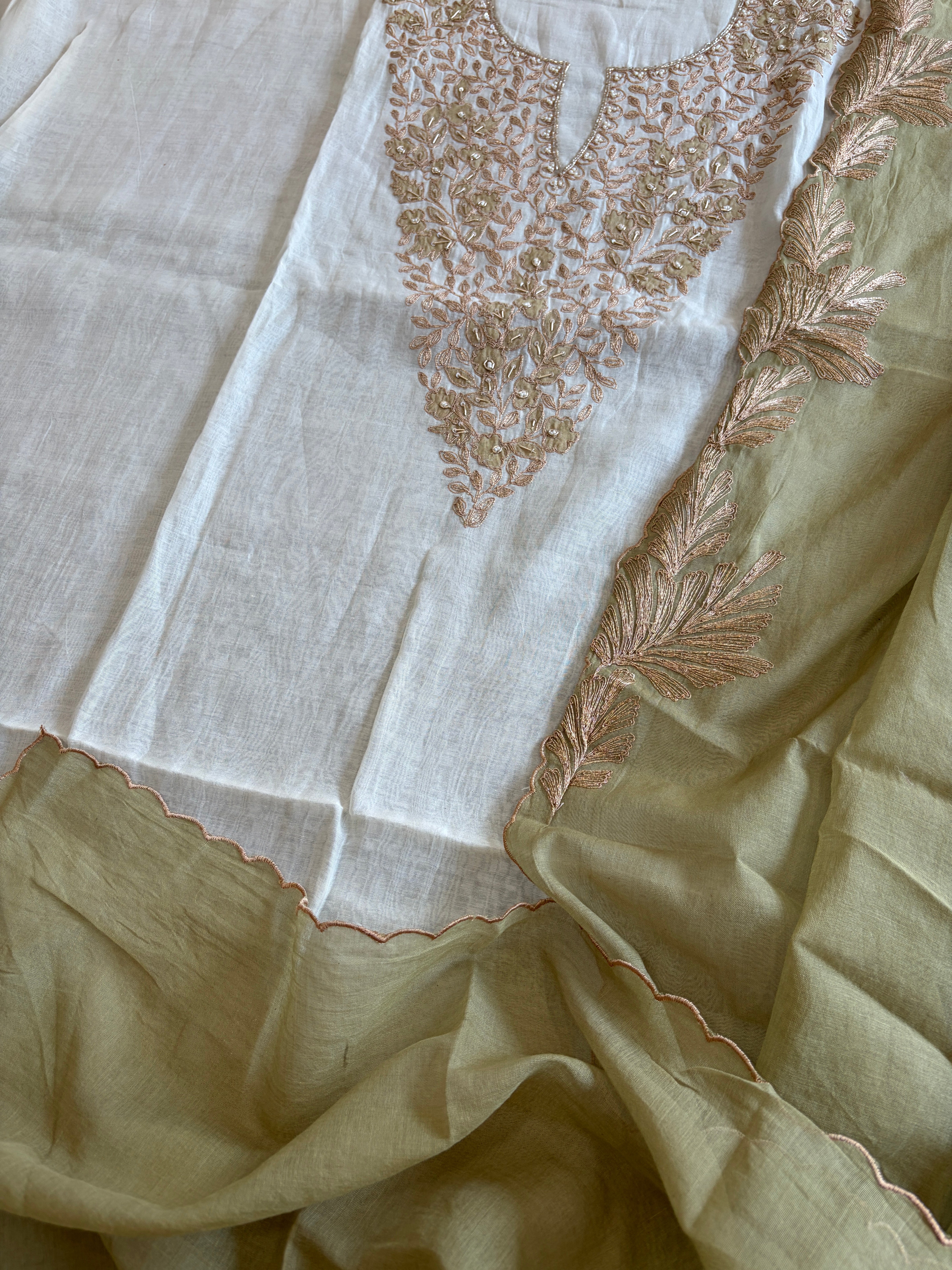 Ivory Green Applique Suit Set in Pure Mul Chanderi With Dabka Handwork - Masakalee