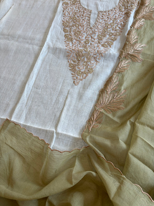 Ivory Green Applique Suit Set in Pure Mul Chanderi With Dabka Handwork - Masakalee