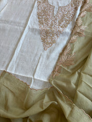 Ivory Green Applique Suit Set in Pure Mul Chanderi With Dabka Handwork - Masakalee