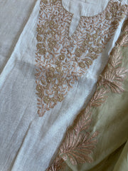 Ivory Green Applique Suit Set in Pure Mul Chanderi With Dabka Handwork - Masakalee