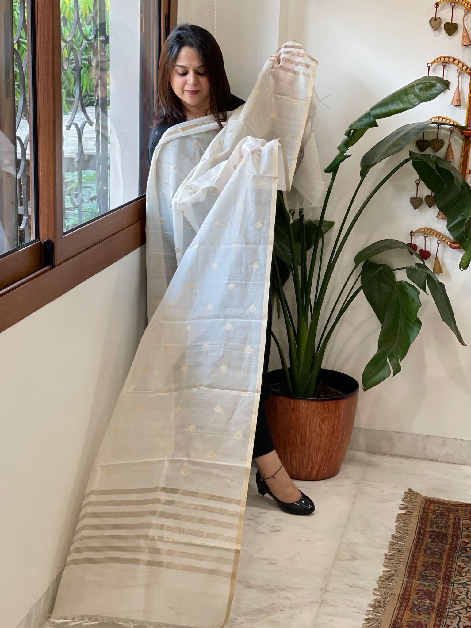 Ivory Handwoven Chanderi Dupatta with Zari Butas - Masakalee