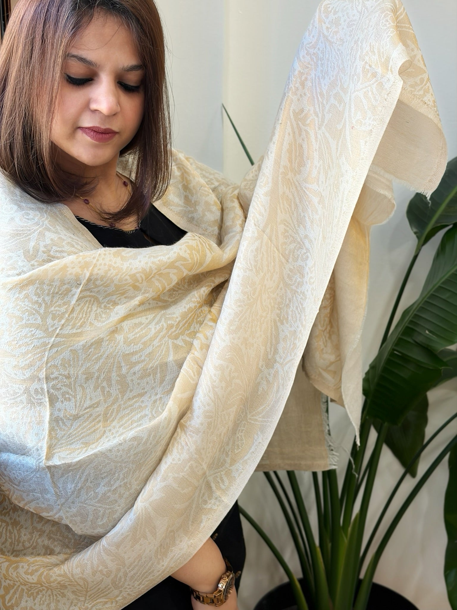Ivory Pashmina Stole with Zari - Masakalee