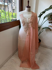 Ivory peach Applique Suit Set in Pure Mul Chanderi With Dabka Handwork - Masakalee