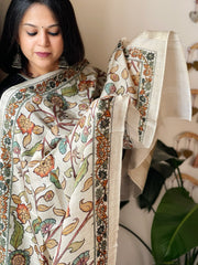 Ivory Printed Kalamkari Dupatta with Sequin Work and Zari Pallu in Dola Silk - Masakalee