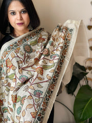 Ivory Printed Kalamkari Dupatta with Sequin Work and Zari Pallu in Dola Silk - Masakalee