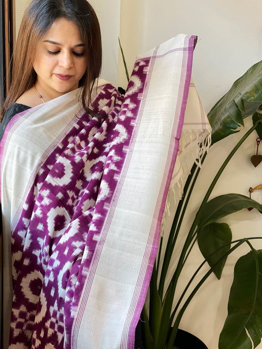 Ivory, Purple Double Ikat Telia Rumal Dupatta in Cotton - Masakalee