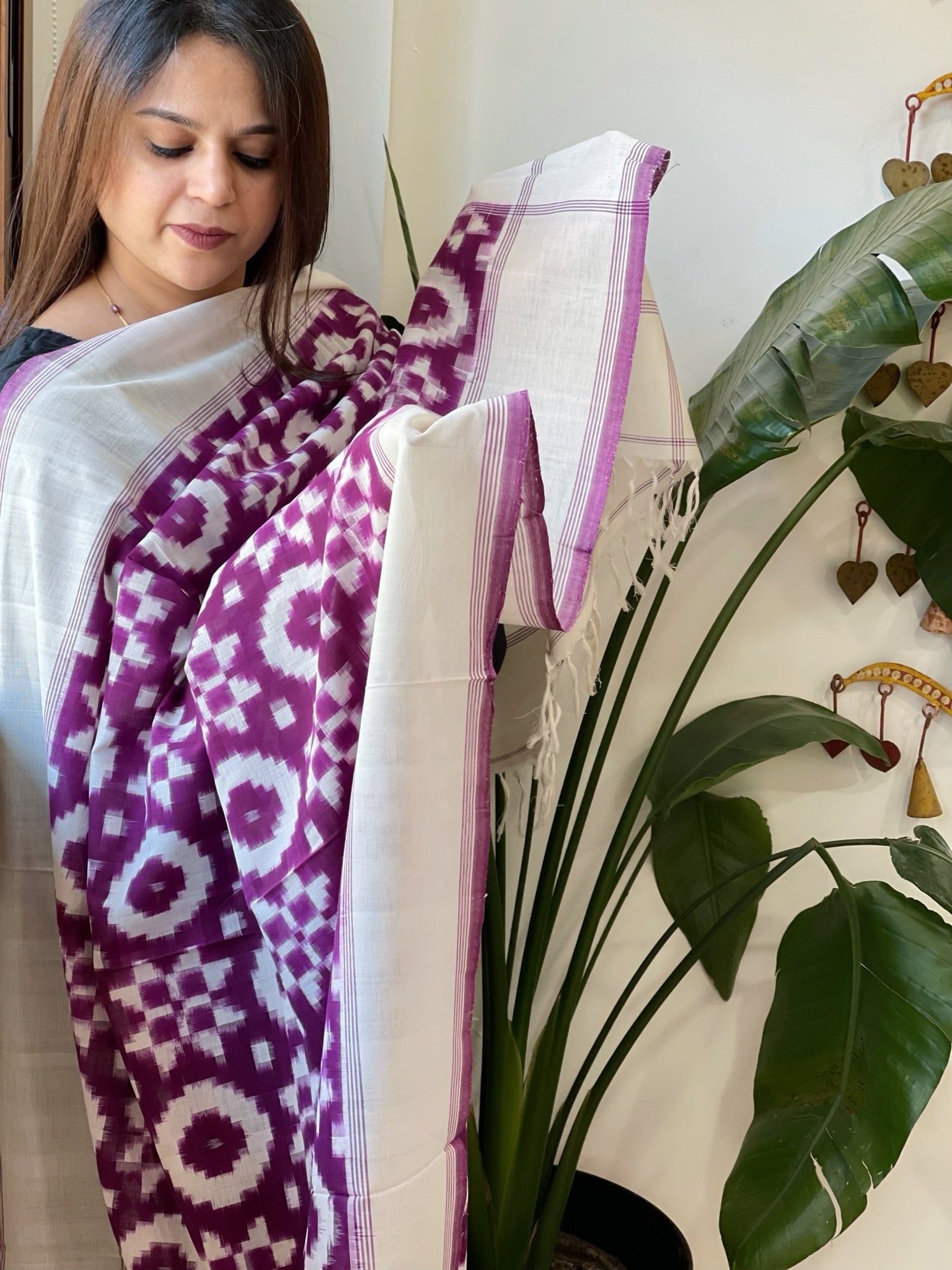 Ivory, Purple Double Ikat Telia Rumal Dupatta in Cotton - Masakalee