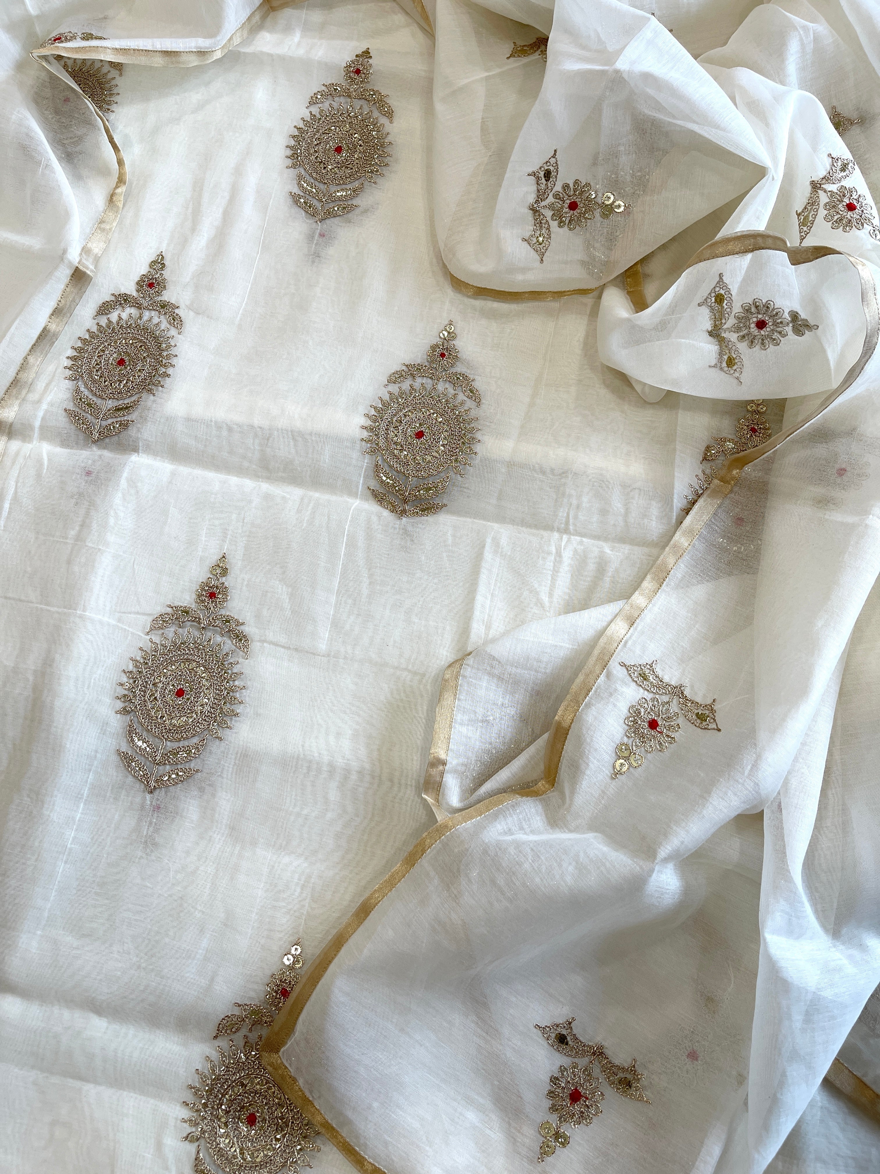 Ivory Suit Set with Gold Thread & Sequin Work in Pure Mul - Masakalee