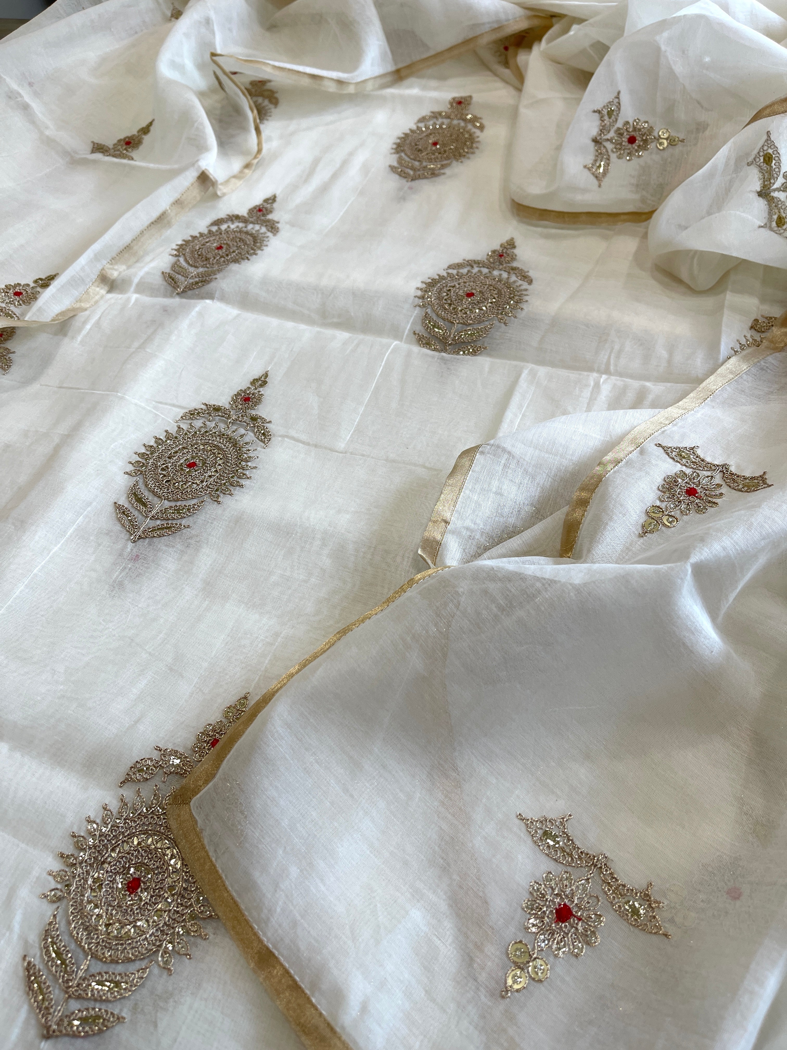 Ivory Suit Set with Gold Thread & Sequin Work in Pure Mul - Masakalee
