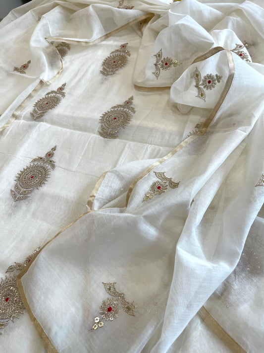 Ivory Suit Set with Gold Thread & Sequin Work in Pure Mul - Masakalee