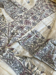 Ivory Suit Set with Kantha Handwork in Pure Tussar Silk - Masakalee