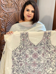Ivory Suit Set with Kantha Handwork in Pure Tussar Silk - Masakalee