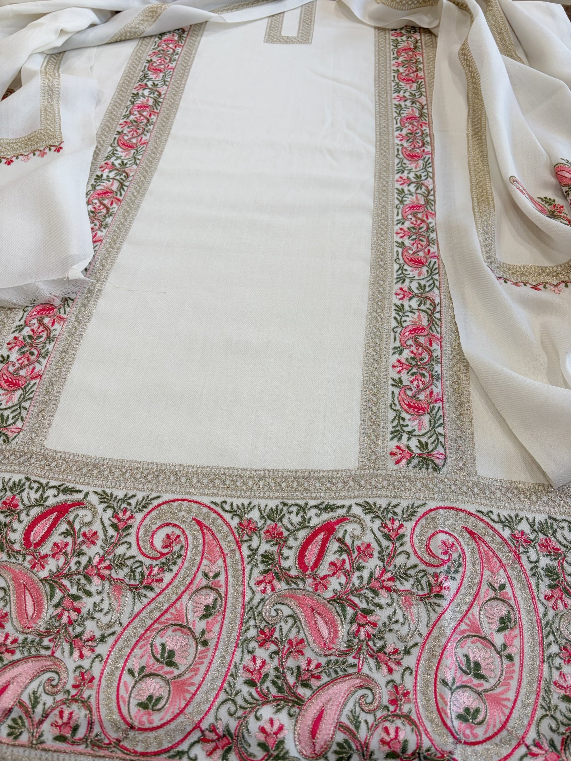 Ivory Winter Suit Set with Aari Work in Pashmina Wool - Masakalee