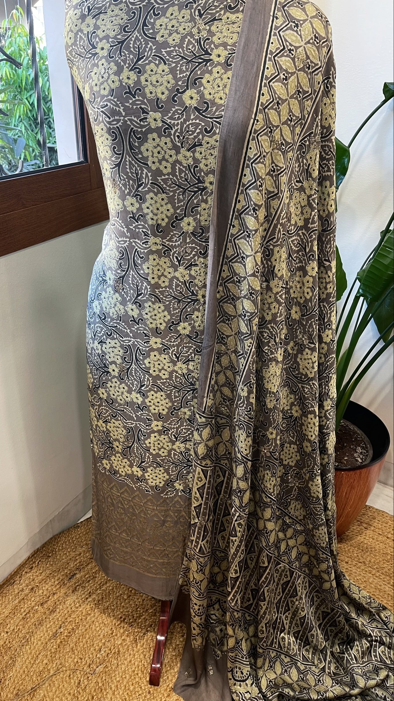 Kashish Suit Set with Ajrakh Handblock Print and Sequin Embroidery in Modal Silk - Masakalee