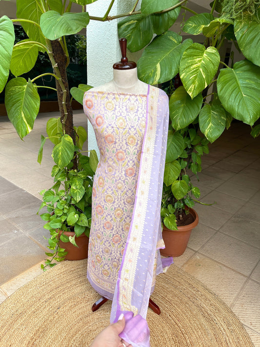 Lavander Handwoven Khaddi 3 - Piece Suit Set in Pure Georgette - Masakalee