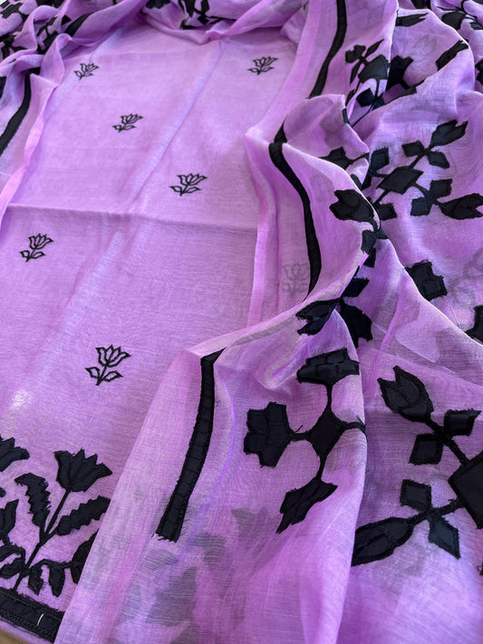 Lavender Applique Suit Set in Mul Chanderi - Masakalee