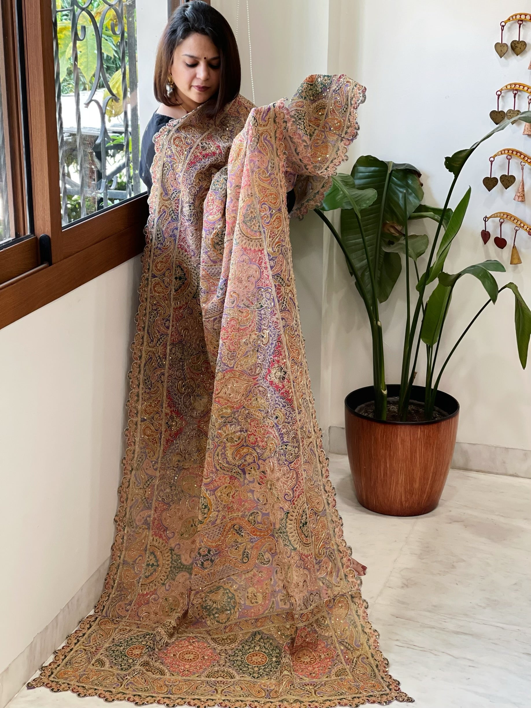 Lavender Chinon Dupatta with Aari Embroidery - Masakalee