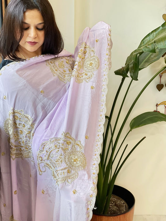 Lavender Crepe Dupatta with Pearl, Cut Daana, Gold Thread & Sequin Embroidery - Masakalee