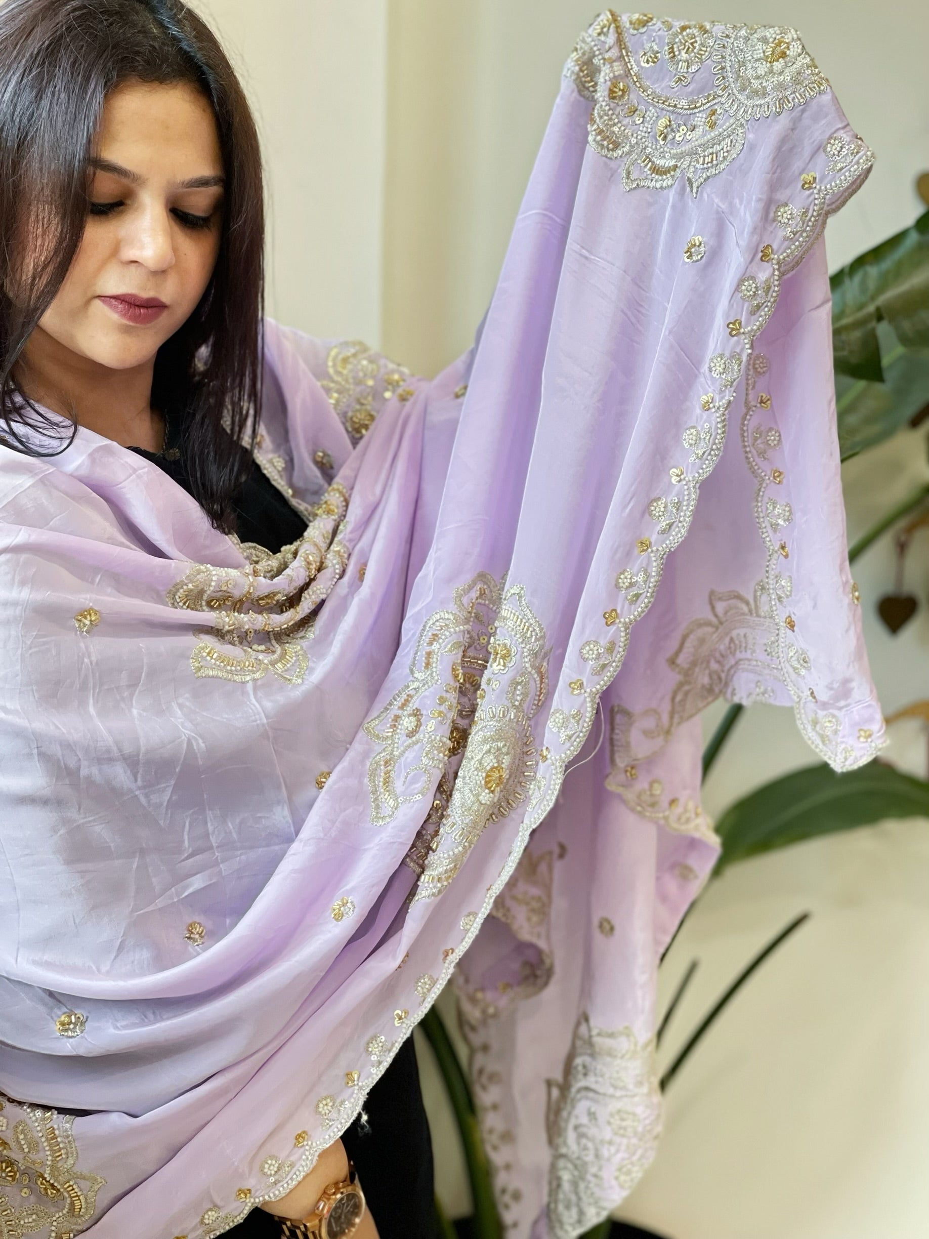 Lavender Crepe Dupatta with Pearl, Cut Daana, Gold Thread & Sequin Embroidery - Masakalee