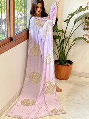 Lavender Crepe Dupatta with Pearl, Cut Daana, Gold Thread & Sequin Embroidery - Masakalee