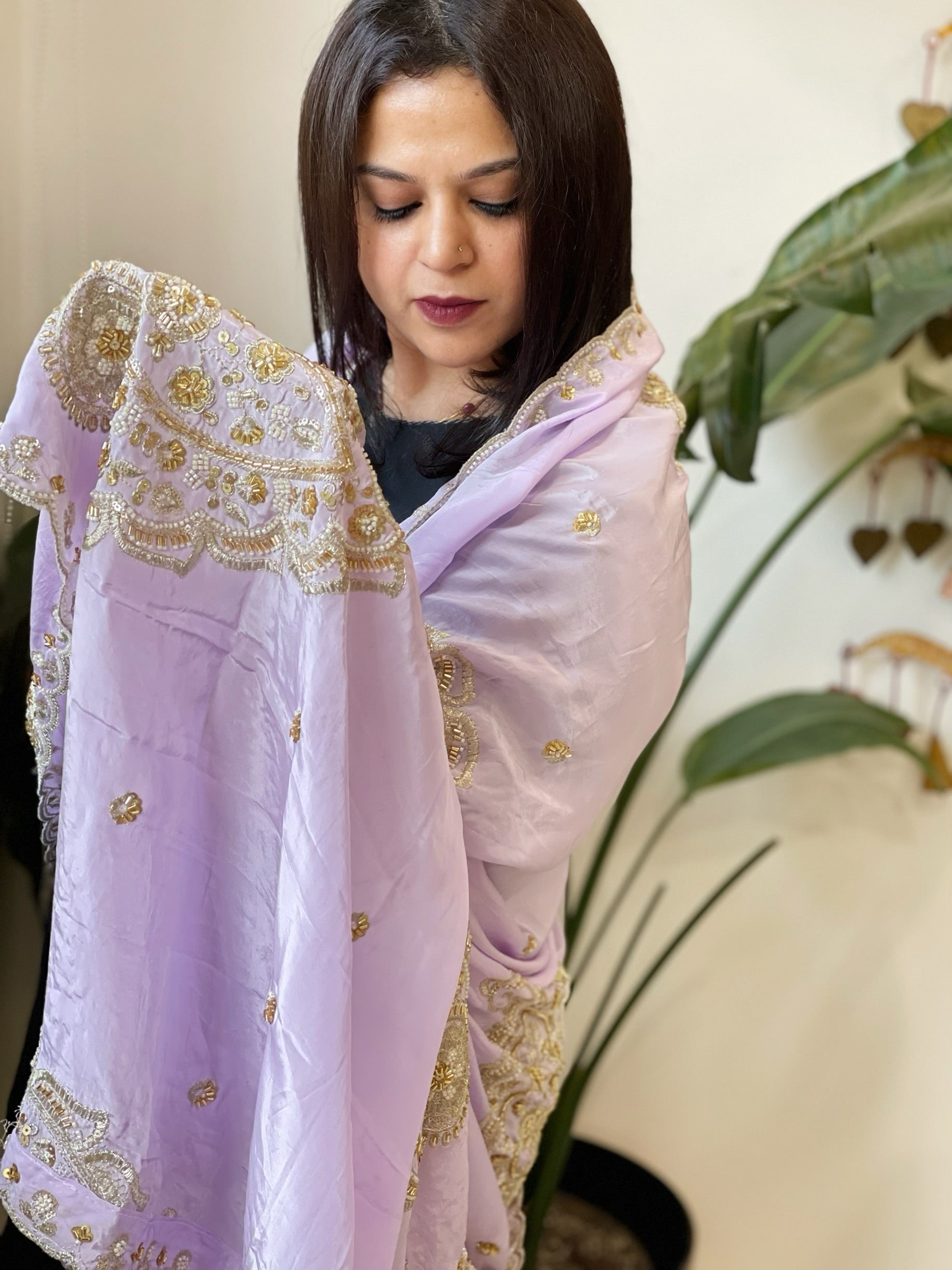 Lavender Crepe Dupatta with Pearl, Cut Daana, Gold Thread & Sequin Embroidery - Masakalee
