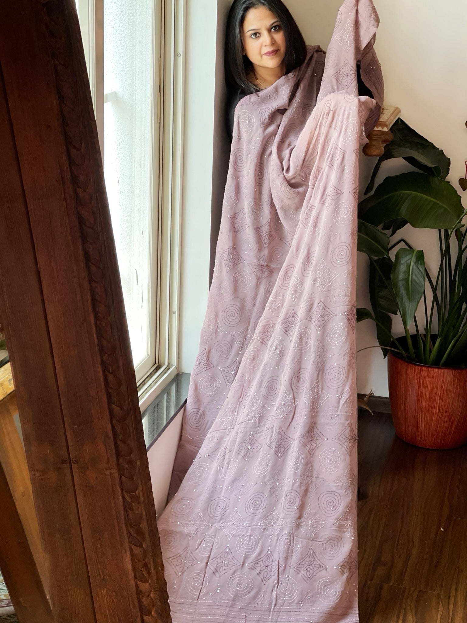 Lavender Hand Embroidered Dupatta in Georgette - Masakalee