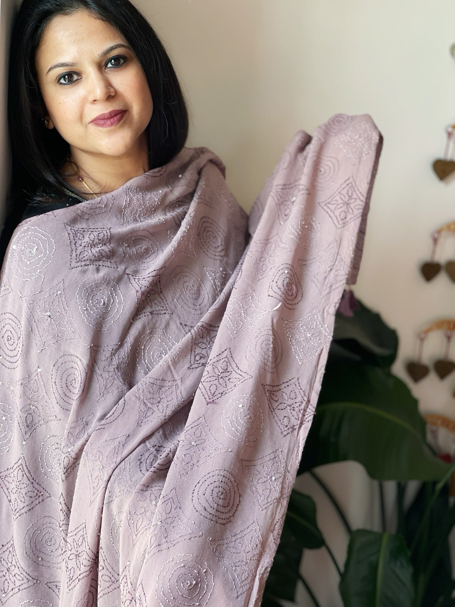 Lavender Hand Embroidered Dupatta in Georgette - Masakalee