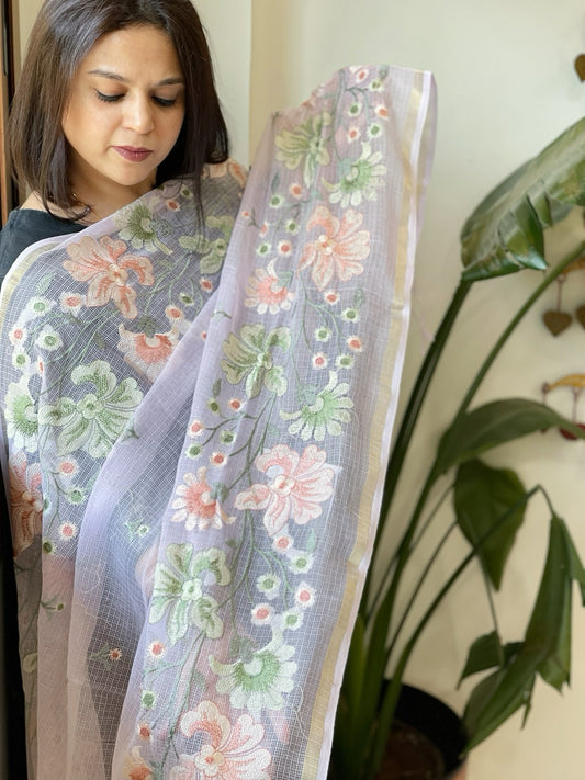 Lavender Kota Cotton Dupatta with Thread Embroidery - Masakalee