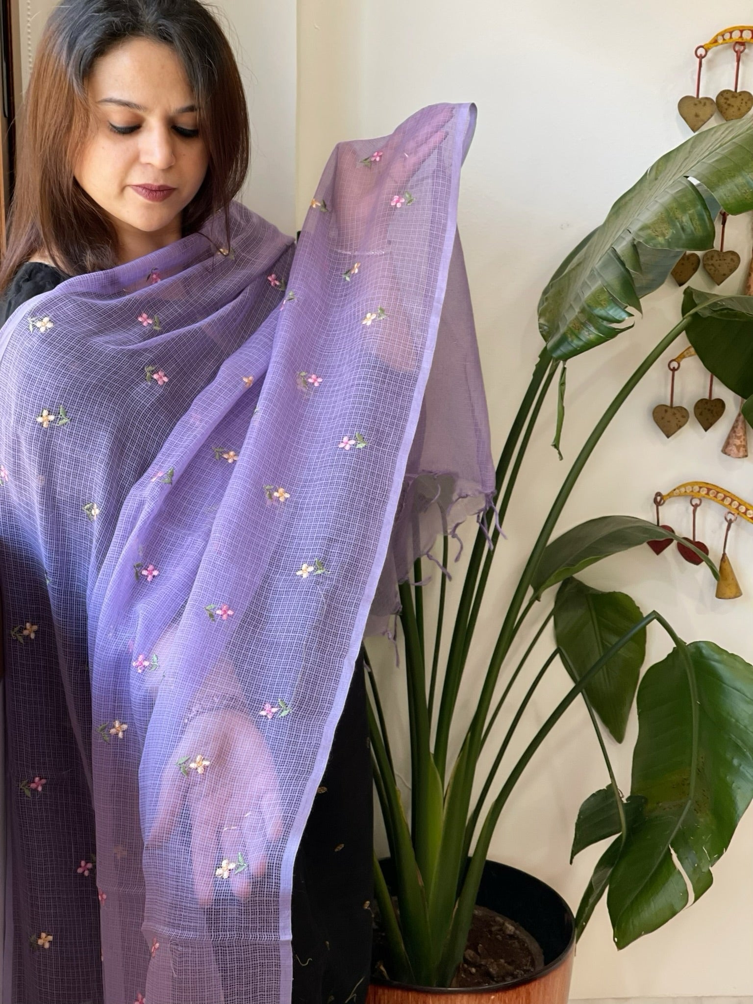Lavender Kota Cotton Dupatta with Thread Embroidery - Masakalee
