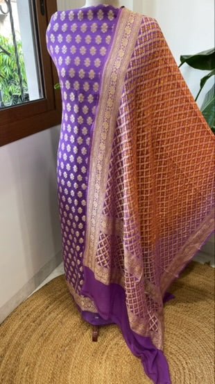 Lavender, Orange Handwoven Banarasi Suit Set in Pure Georgette - Masakalee