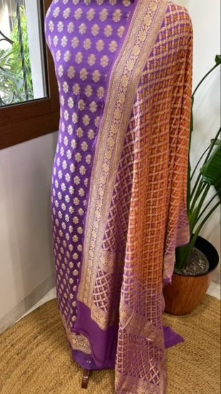 Lavender, Orange Handwoven Banarasi Suit Set in Pure Georgette - Masakalee