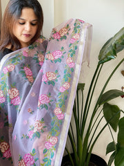 Lavender Organza Dupatta with Cross - Stitch Embroidery - Masakalee