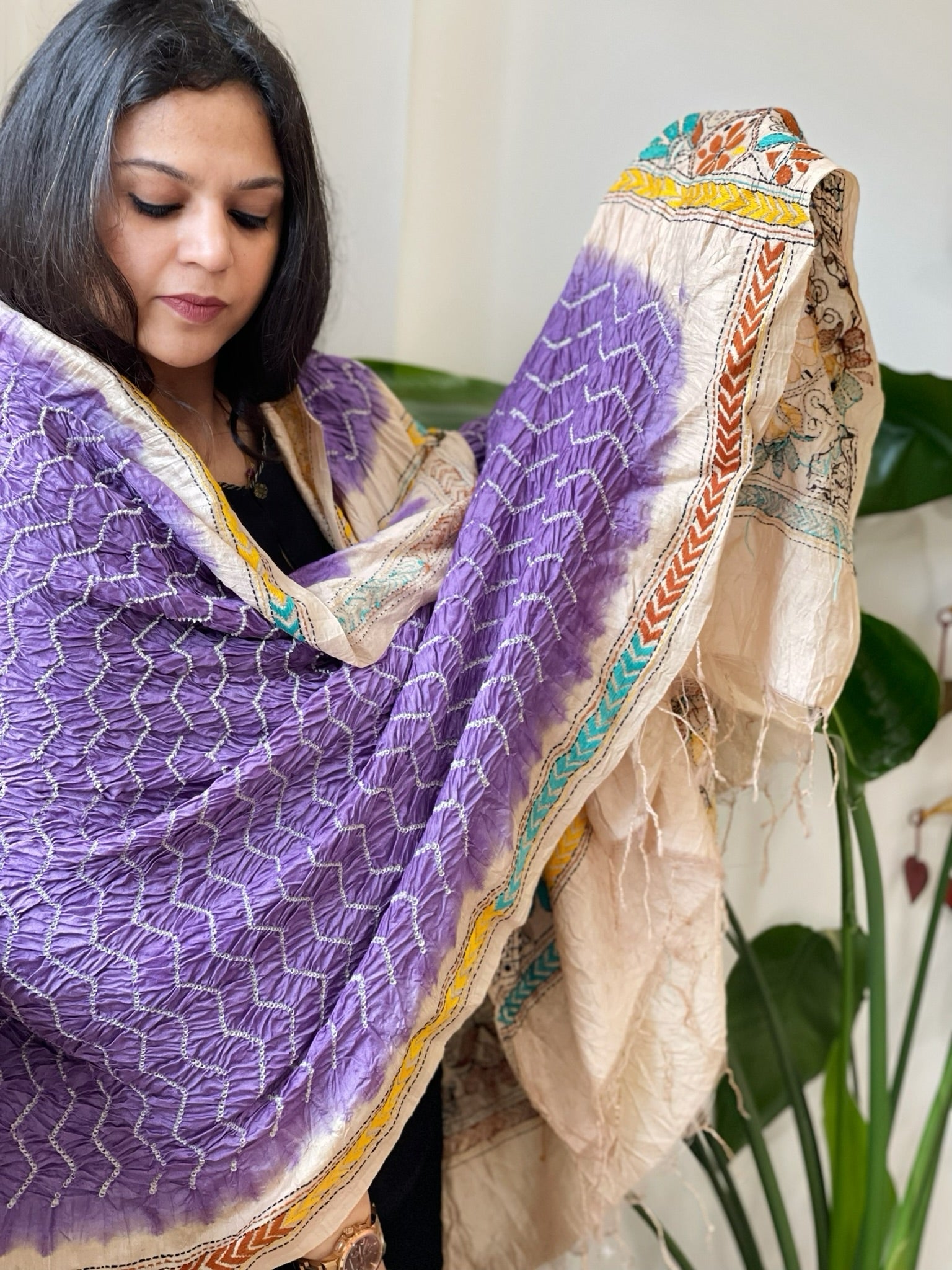 Lavender Rai Bandhej Dupatta with Kantha Handwork in Pure Munga Tussar Silk - Masakalee