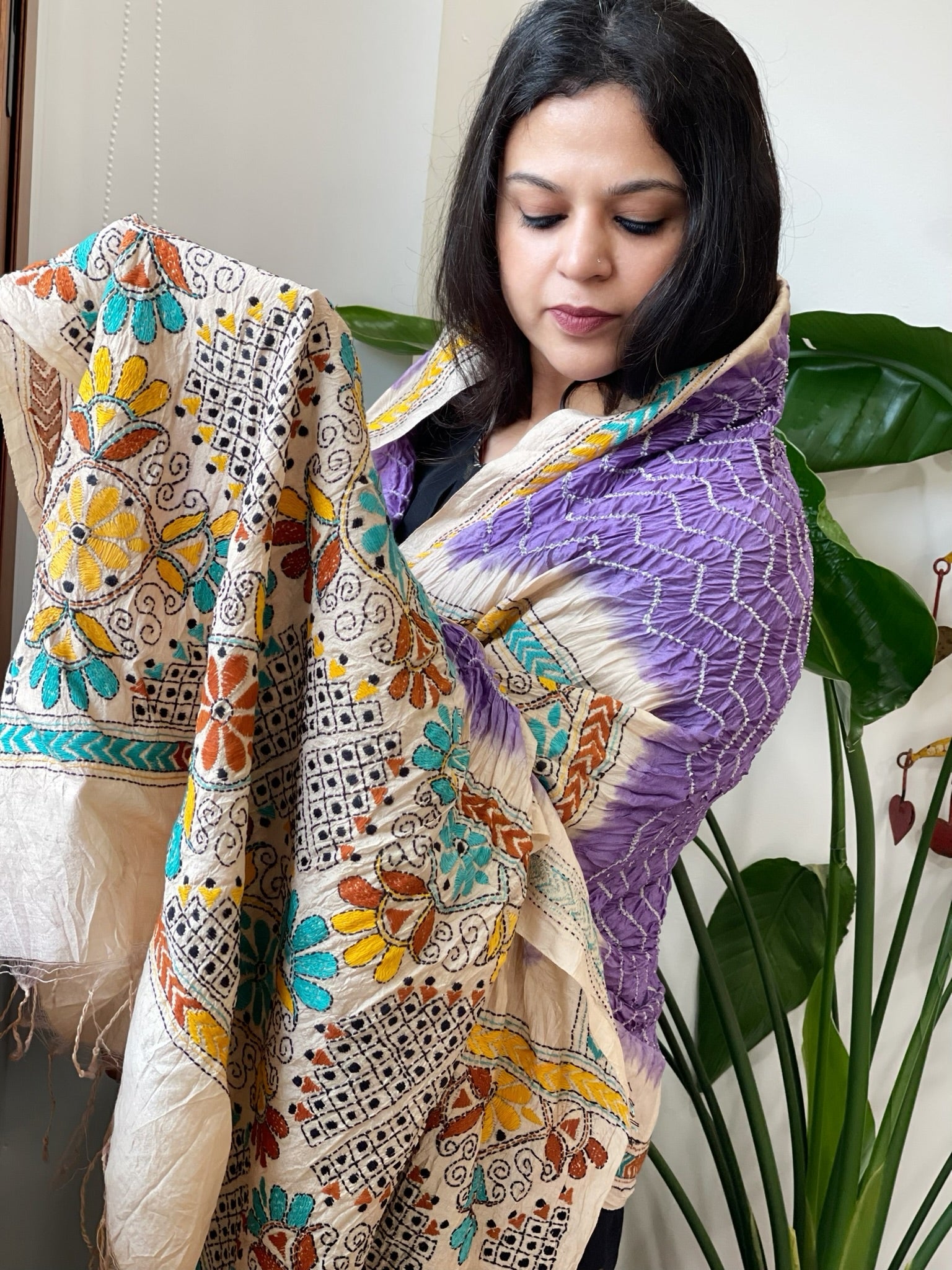 Lavender Rai Bandhej Dupatta with Kantha Handwork in Pure Munga Tussar Silk - Masakalee