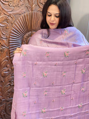 Lavender Suit Set with Cross-Stitch Embroidery in Pure Tussar Silk - Masakalee