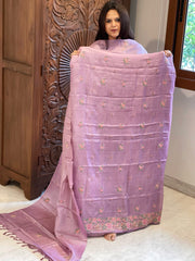 Lavender Suit Set with Cross-Stitch Embroidery in Pure Tussar Silk - Masakalee