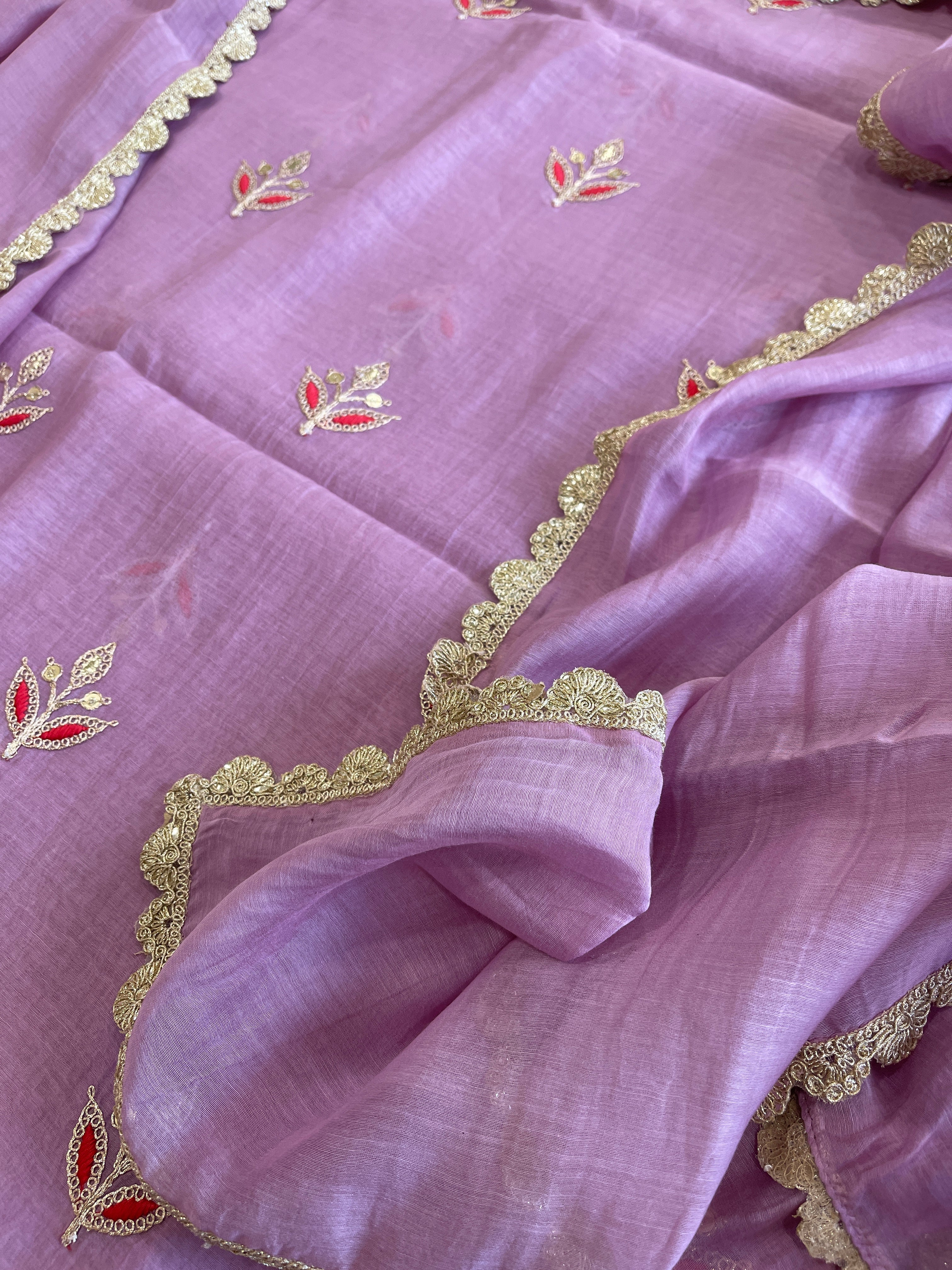 Lavender Suit Set with Gold Thread & Sequin Work in Pure Mul - Masakalee