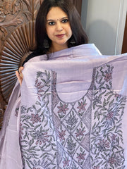 Lavender Suit Set with Kantha Handwork in Pure Tussar Silk - Masakalee