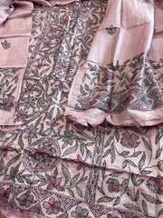 Lavender Suit Set with Kantha Handwork in Pure Tussar Silk - Masakalee