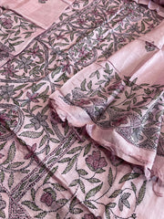 Lavender Suit Set with Kantha Handwork in Pure Tussar Silk - Masakalee