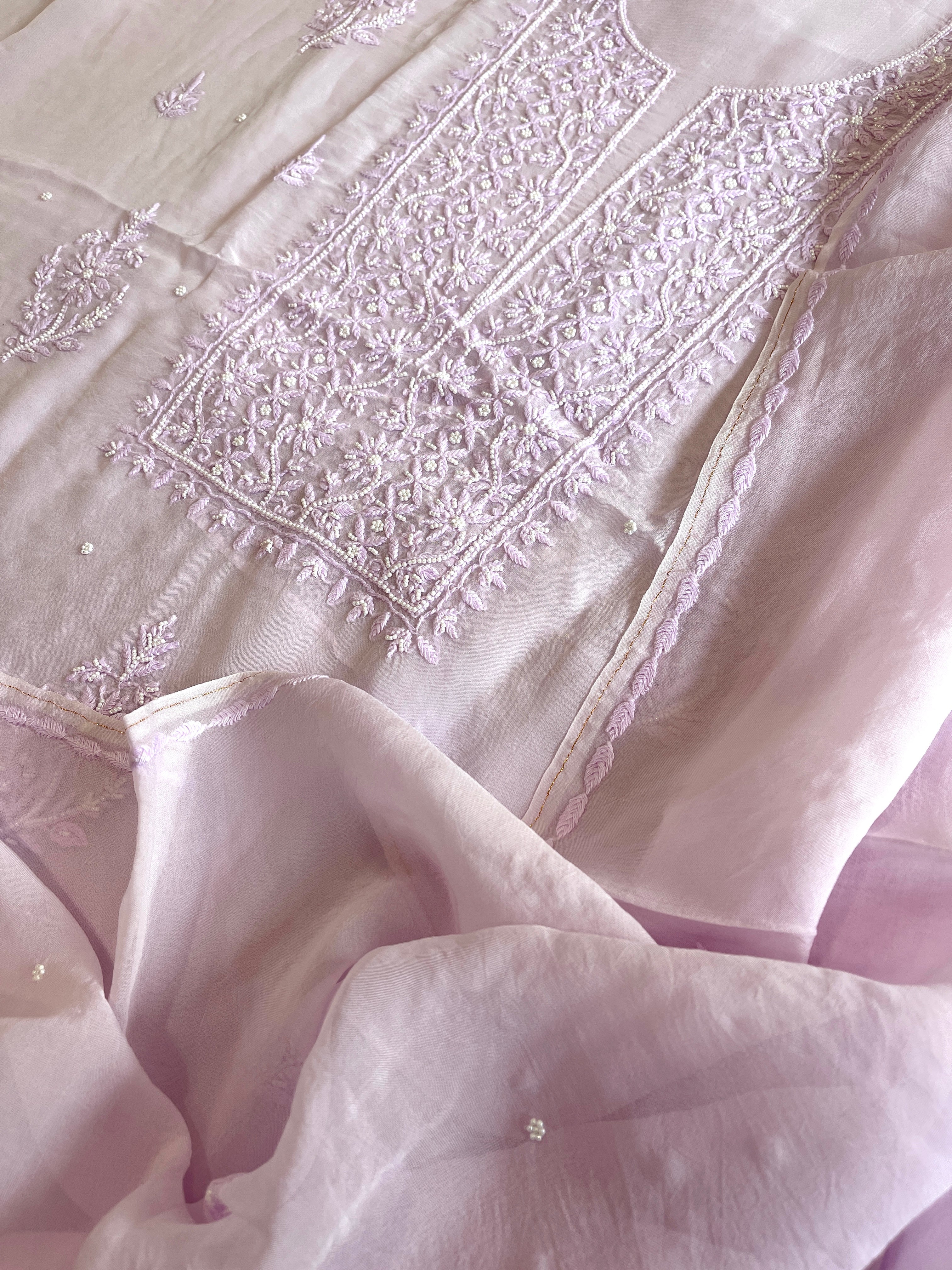 Lavender Suit Set with Lucknowi and Pearl Handwork in Organza Crepe - Masakalee