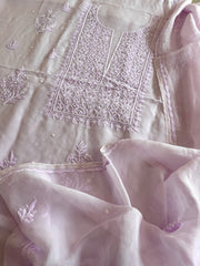 Lavender Suit Set with Lucknowi and Pearl Handwork in Organza Crepe - Masakalee