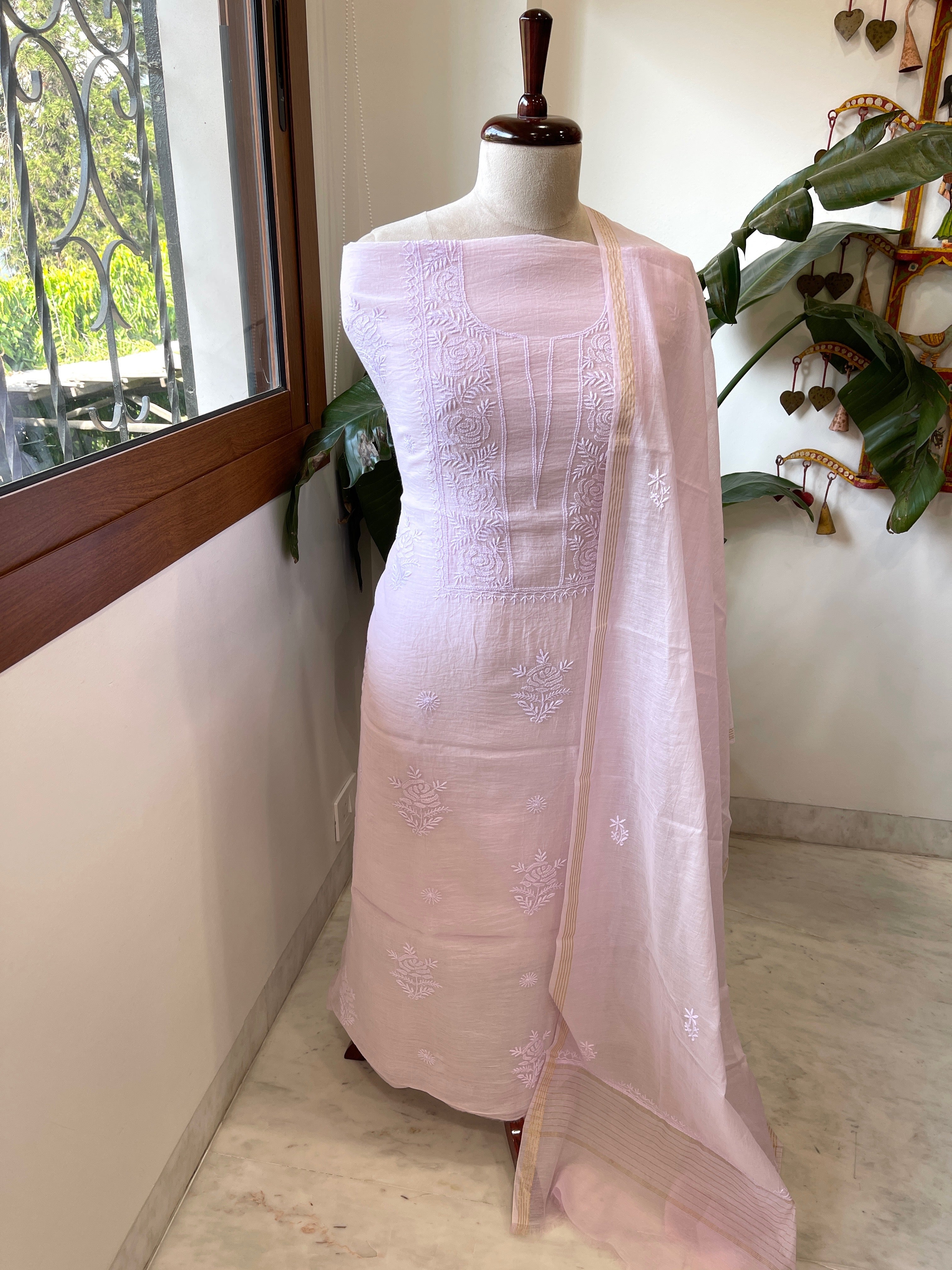 Lavender Suit Set with Lucknowi Handwork in Pure Mul Chanderi - Masakalee