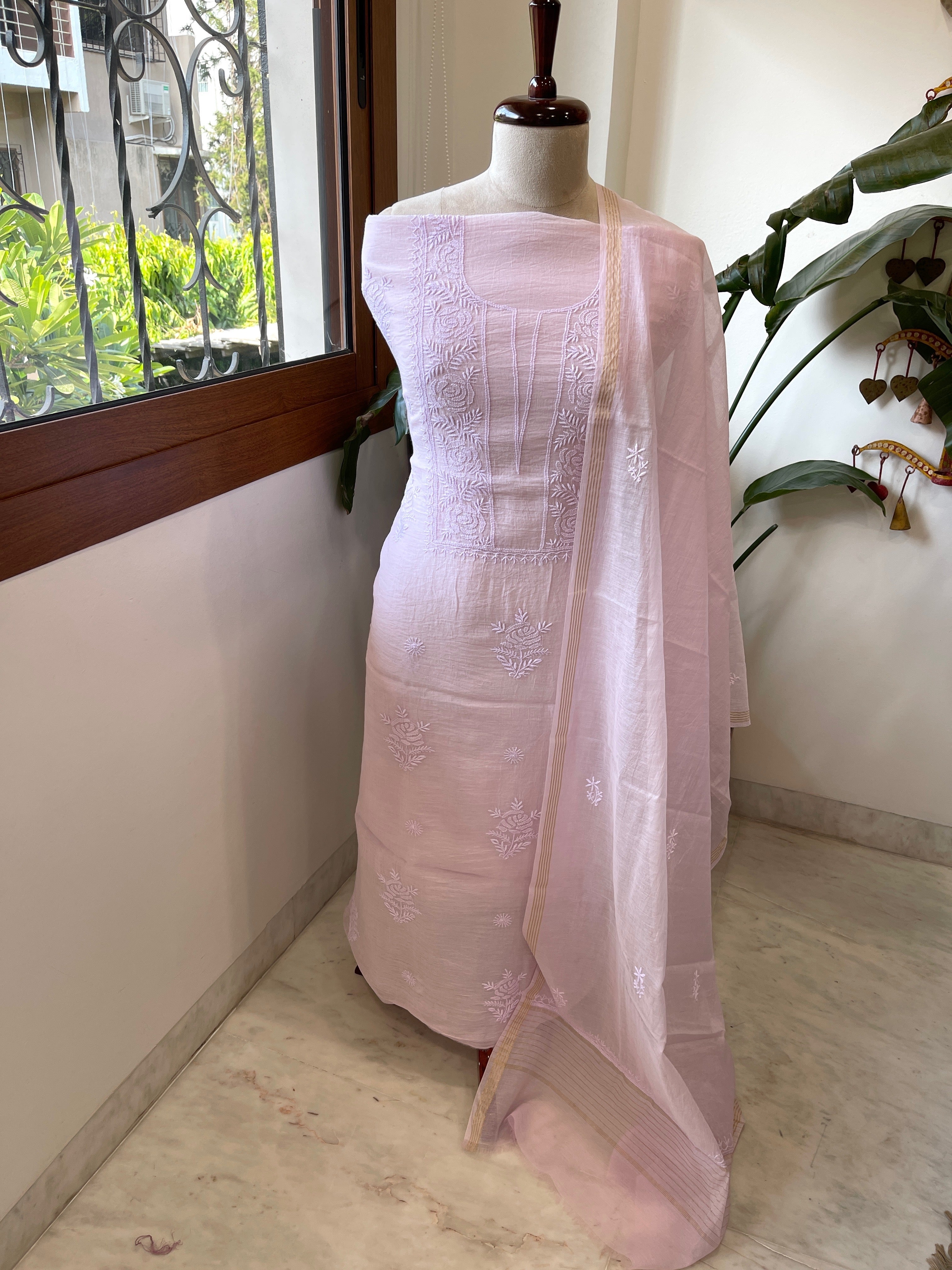 Lavender Suit Set with Lucknowi Handwork in Pure Mul Chanderi - Masakalee