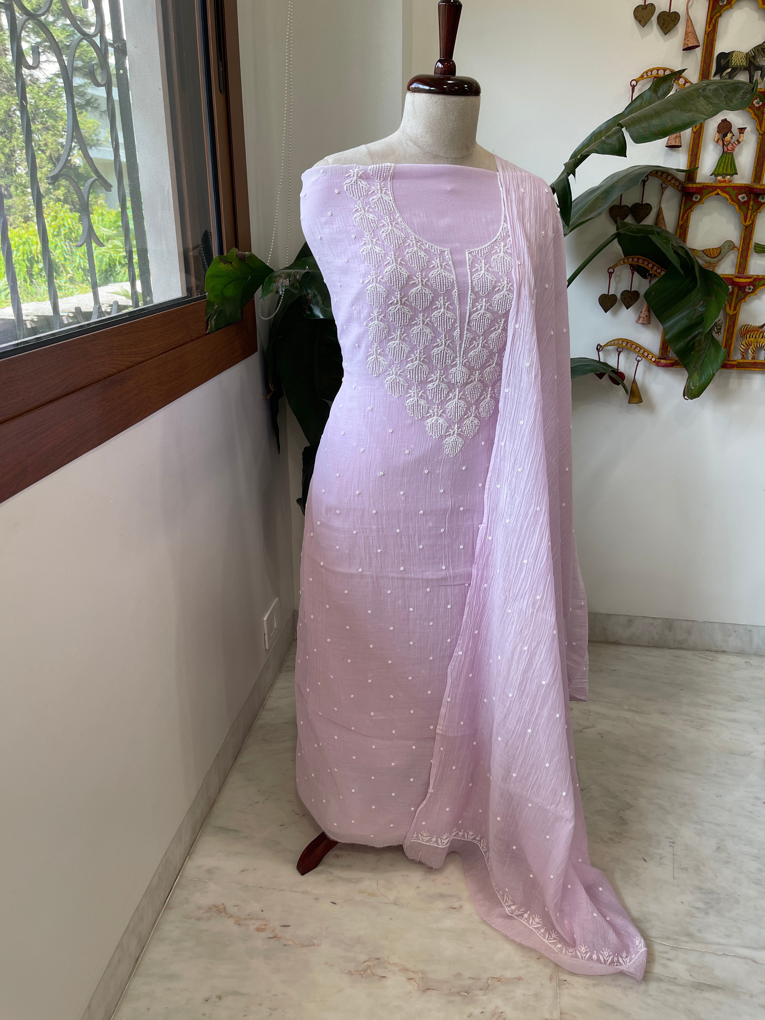 Lavender Suit Set with Lucknowi & Pearl Handwork in Pure Mul Chanderi - Masakalee